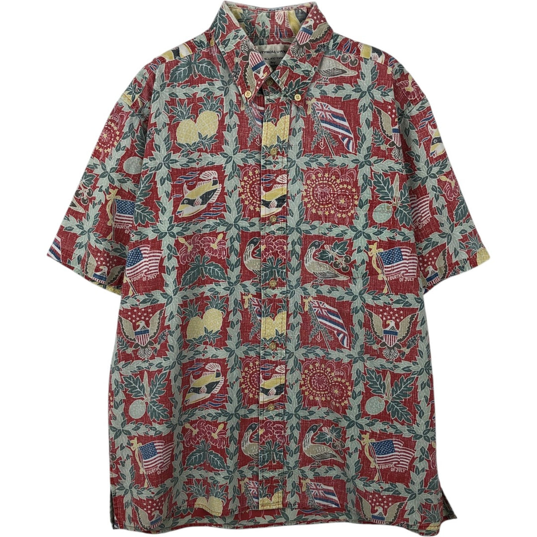90'S Reyn Spooner Dietrich Varez all-over print American flag button-down Hawaiian Aloha shirt, boxy style, men's size M (approx.) cotton red type Vintage Second Hand