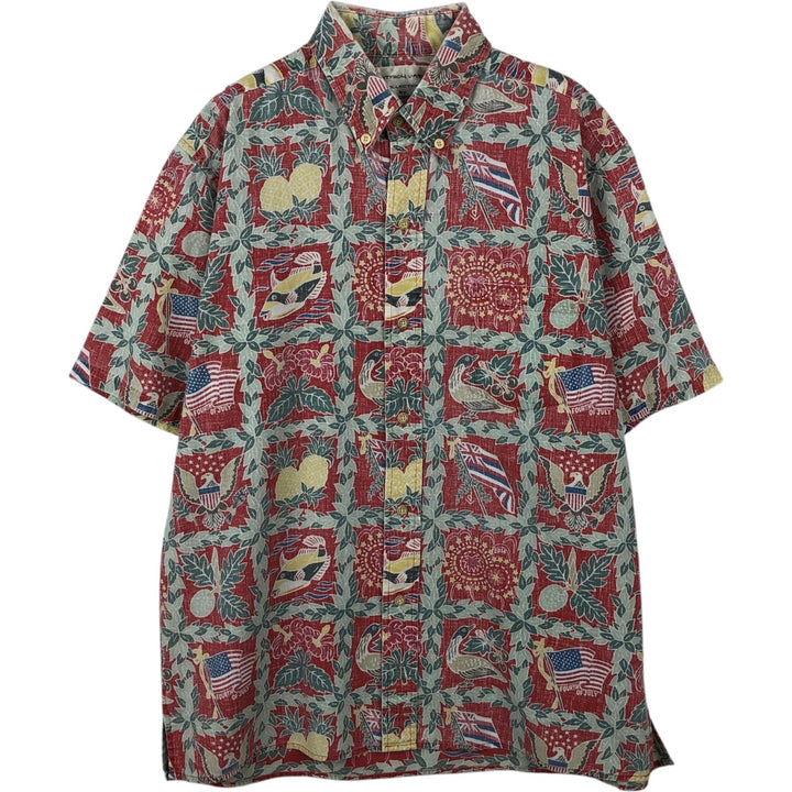 90'S Reyn Spooner Dietrich Varez all-over print American flag button-down Hawaiian Aloha shirt, boxy style, men's size M (approx.) cotton red type Vintage Second Hand