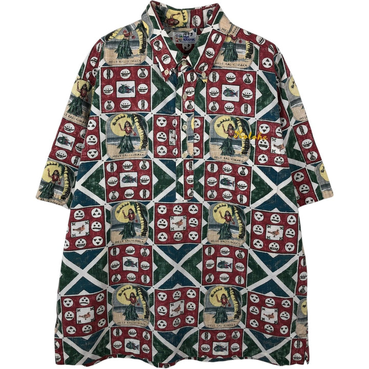 90'S Reyn Spooner swimwear tag, bikini tag, all-over print, half-button, button-down, Hawaiian Aloha shirt, boxy shirt. unclear red type Vintage Second Hand