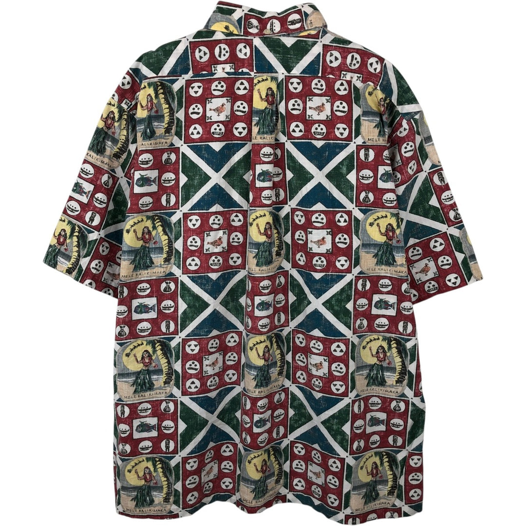 90'S Reyn Spooner swimwear tag, bikini tag, all-over print, half-button, button-down, Hawaiian Aloha shirt, boxy shirt. unclear red type Vintage Second Hand