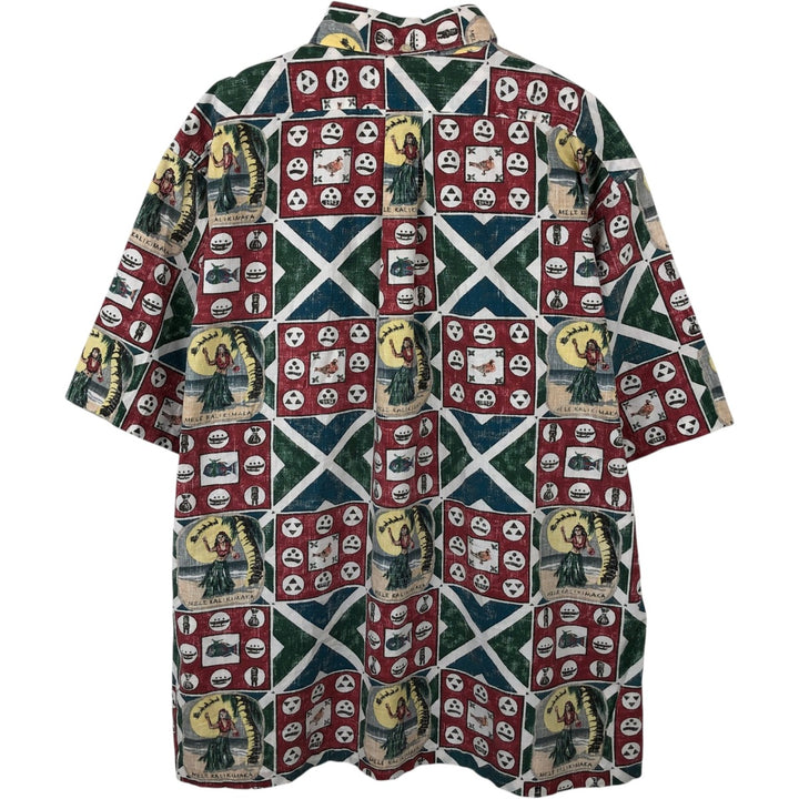 90'S Reyn Spooner swimwear tag, bikini tag, all-over print, half-button, button-down, Hawaiian Aloha shirt, boxy shirt. unclear red type Vintage Second Hand