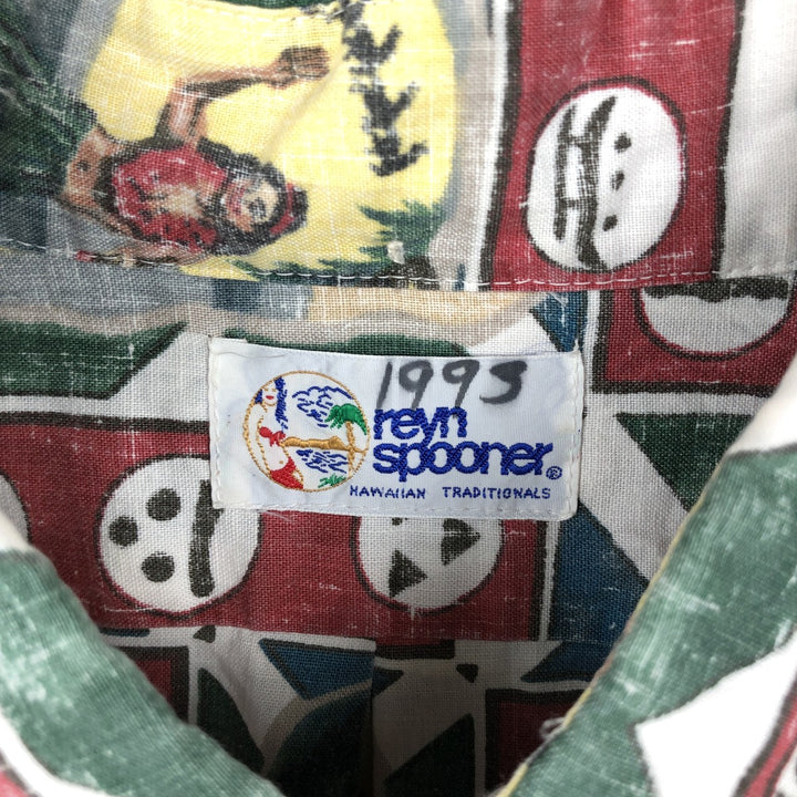 90'S Reyn Spooner swimwear tag, bikini tag, all-over print, half-button, button-down, Hawaiian Aloha shirt, boxy shirt. unclear red type Vintage Second Hand