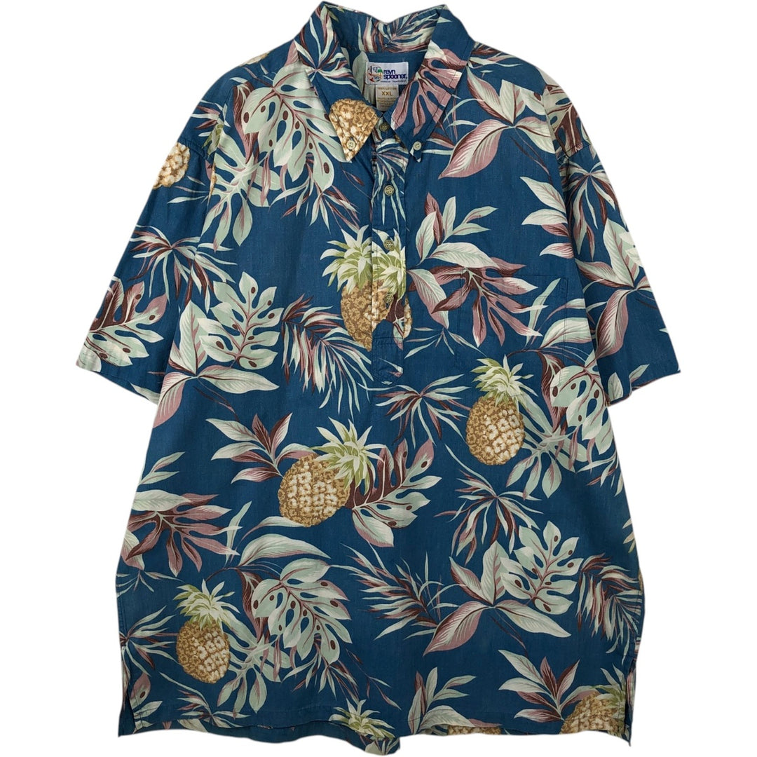 90'S Reyn Spooner swimwear tag, bikini tag, all-over print pullover, button-down, Aloha shirt, boxy shirt, made in Hawaii. cotton navy blue type Vintage Second Hand