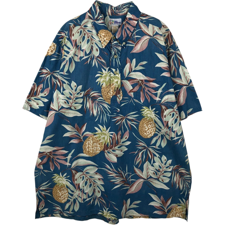 90'S Reyn Spooner swimwear tag, bikini tag, all-over print pullover, button-down, Aloha shirt, boxy shirt, made in Hawaii. cotton navy blue type Vintage Second Hand