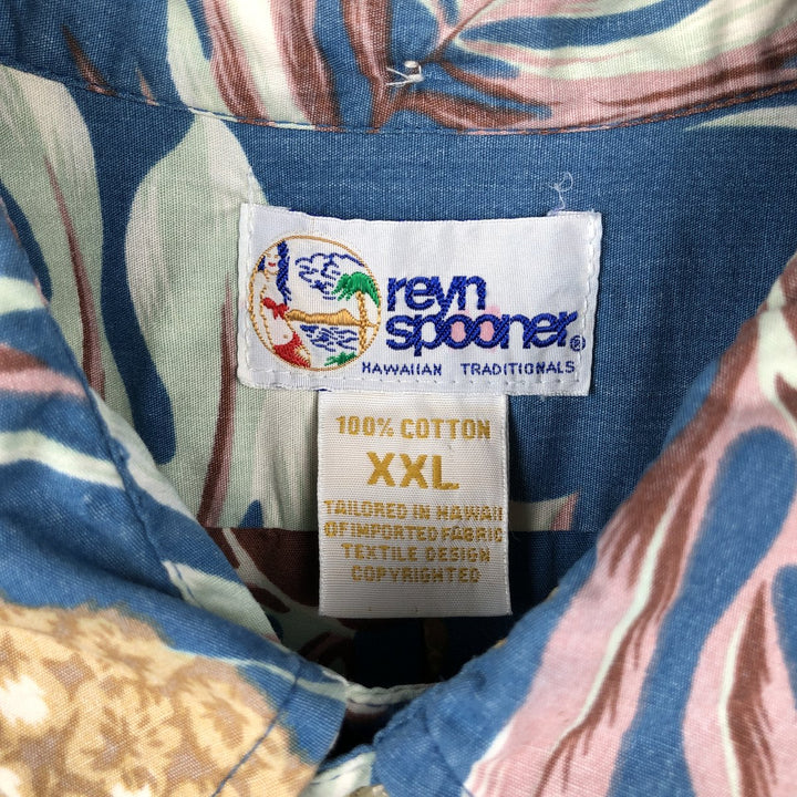 90'S Reyn Spooner swimwear tag, bikini tag, all-over print pullover, button-down, Aloha shirt, boxy shirt, made in Hawaii. cotton navy blue type Vintage Second Hand