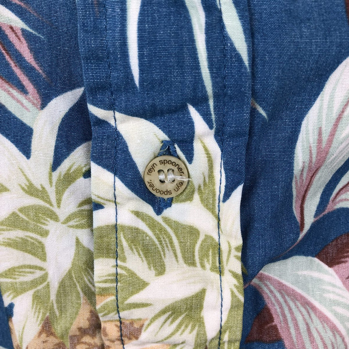 90'S Reyn Spooner swimwear tag, bikini tag, all-over print pullover, button-down, Aloha shirt, boxy shirt, made in Hawaii. cotton navy blue type Vintage Second Hand