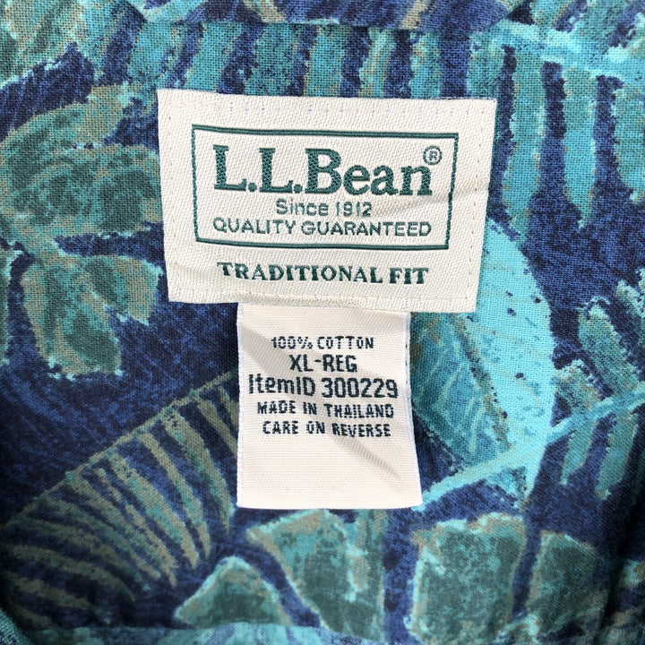 90s-00'S L.L.Bean Traditional Fit Leaf Pattern Open Collar Aloha Shirt, Boxy Shirt, Men's XL equivalent. cotton navy blue type Vintage Second Hand