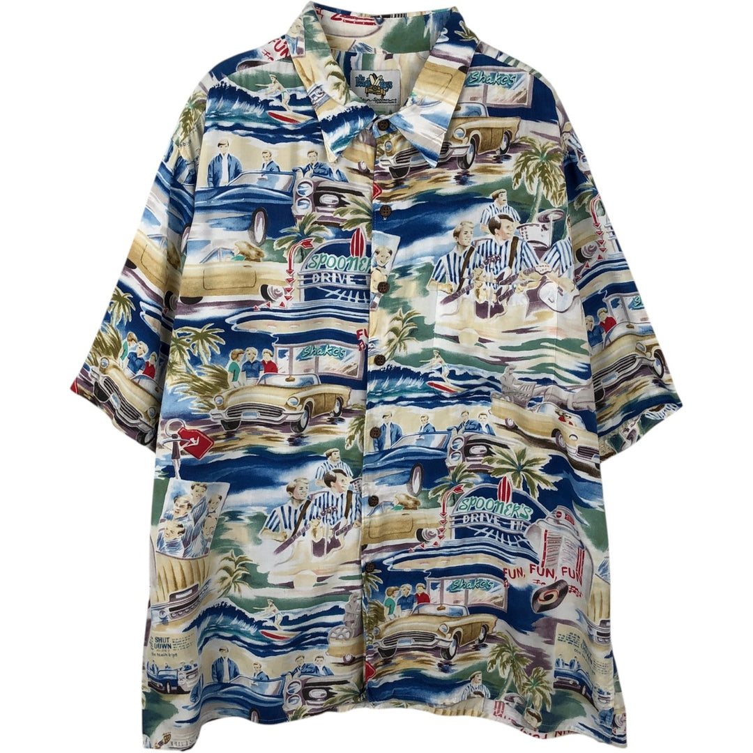 2000'S Reyn Spooner The Beach Boys all-over print rayon Hawaiian Aloha shirt, boxy style, made in Hawaii, men's size XL equivalent. Rayon Beige type Vintage Second Hand