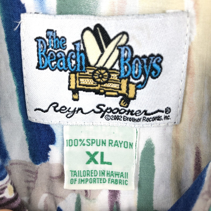2000'S Reyn Spooner The Beach Boys all-over print rayon Hawaiian Aloha shirt, boxy style, made in Hawaii, men's size XL equivalent. Rayon Beige type Vintage Second Hand