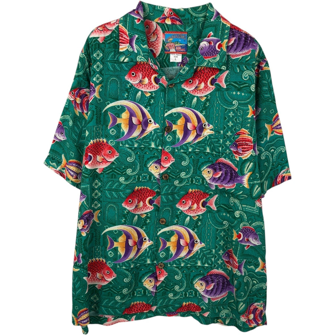 80s-90'S Reyn Spooner Joe Kealohas all-over fish print rayon Hawaiian Aloha shirt, boxy fit, men's size L. Rayon green type Vintage Second Hand
