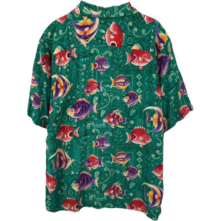 80s-90'S Reyn Spooner Joe Kealohas all-over fish print rayon Hawaiian Aloha shirt, boxy fit, men's size L. Rayon green type Vintage Second Hand