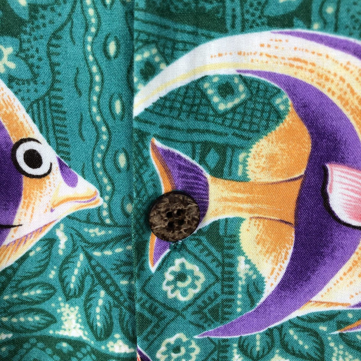 80s-90'S Reyn Spooner Joe Kealohas all-over fish print rayon Hawaiian Aloha shirt, boxy fit, men's size L. Rayon green type Vintage Second Hand
