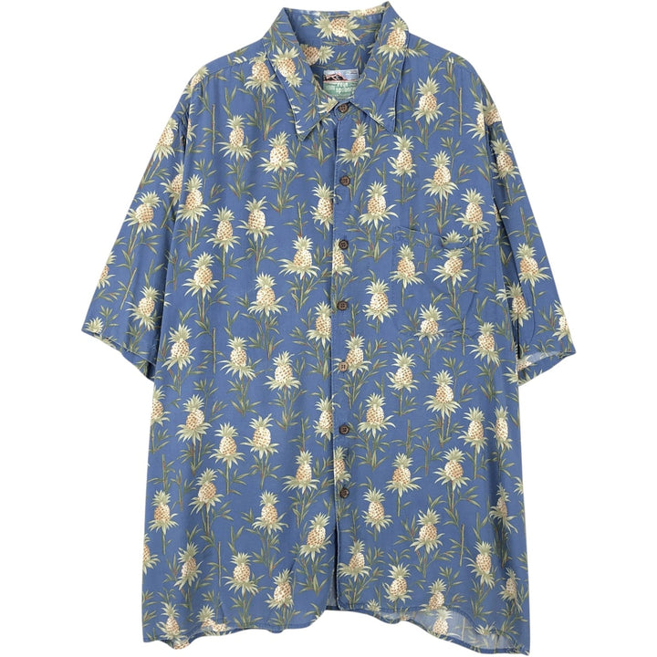 80s-90'S Reyn Spooner Diamond Head tag pineapple pattern all-over print rayon aloha shirt, men's size XL equivalent. Rayon blue type Vintage Second Hand