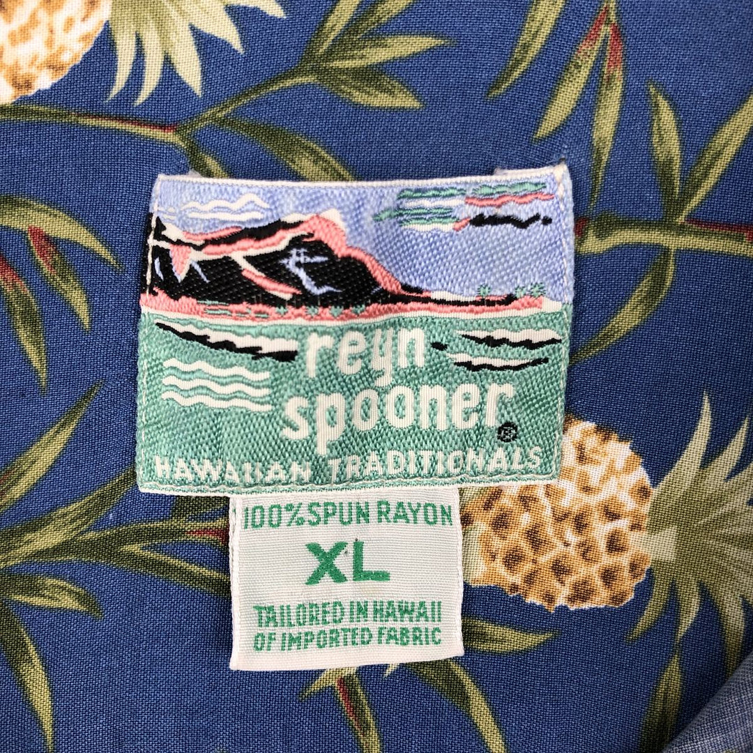 80s-90'S Reyn Spooner Diamond Head tag pineapple pattern all-over print rayon aloha shirt, men's size XL equivalent. Rayon blue type Vintage Second Hand