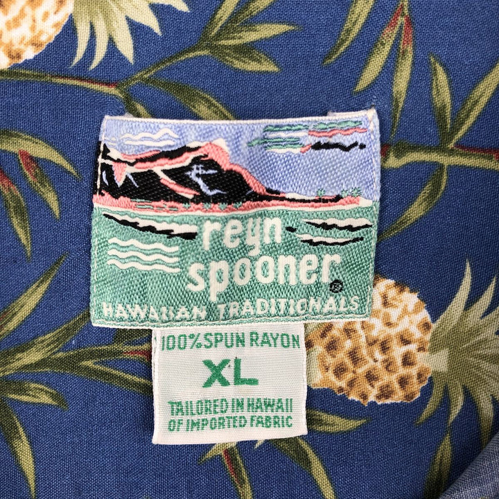 80s-90'S Reyn Spooner Diamond Head tag pineapple pattern all-over print rayon aloha shirt, men's size XL equivalent. Rayon blue type Vintage Second Hand