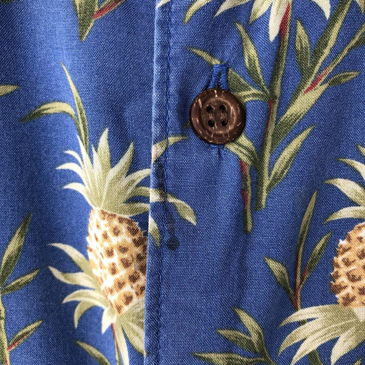 80s-90'S Reyn Spooner Diamond Head tag pineapple pattern all-over print rayon aloha shirt, men's size XL equivalent. Rayon blue type Vintage Second Hand