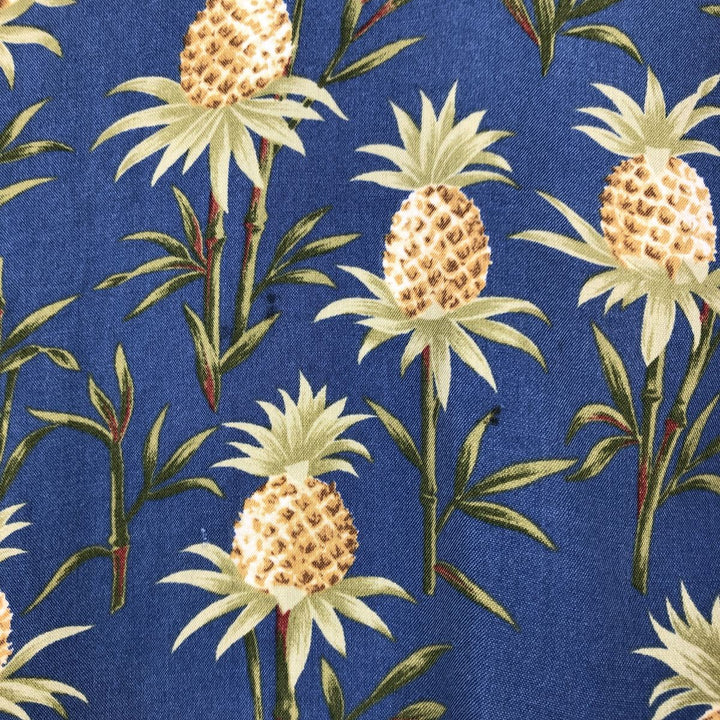 80s-90'S Reyn Spooner Diamond Head tag pineapple pattern all-over print rayon aloha shirt, men's size XL equivalent. Rayon blue type Vintage Second Hand