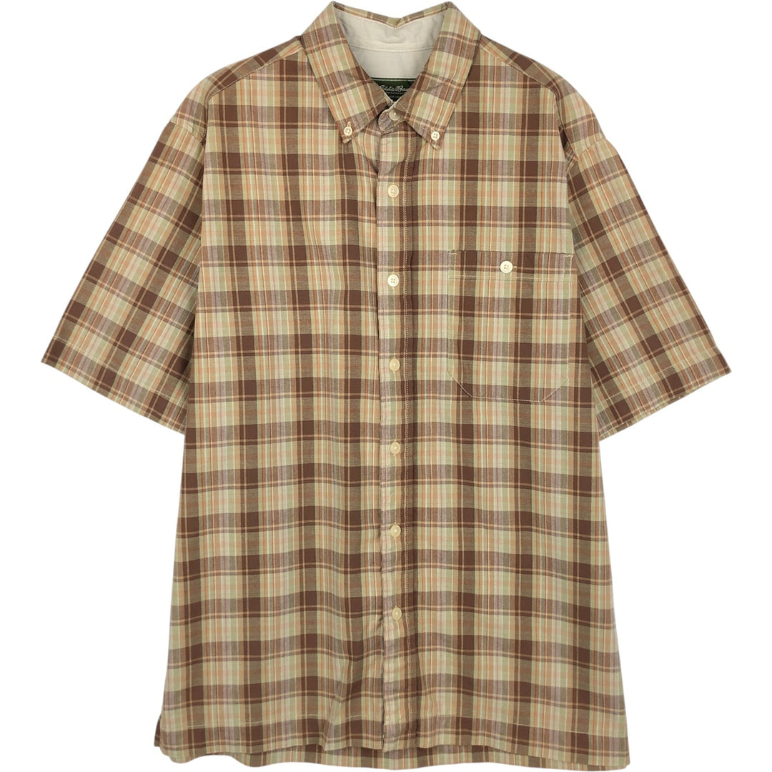 Eddie Bauer Short-Sleeve Button-Down Check Shirt, Boxy Shirt, Men's Size M (approx.) cotton brown type Vintage Second Hand