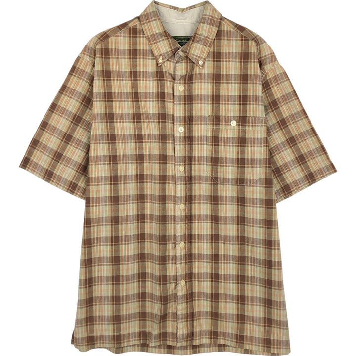Eddie Bauer Short-Sleeve Button-Down Check Shirt, Boxy Shirt, Men's Size M (approx.) cotton brown type Vintage Second Hand