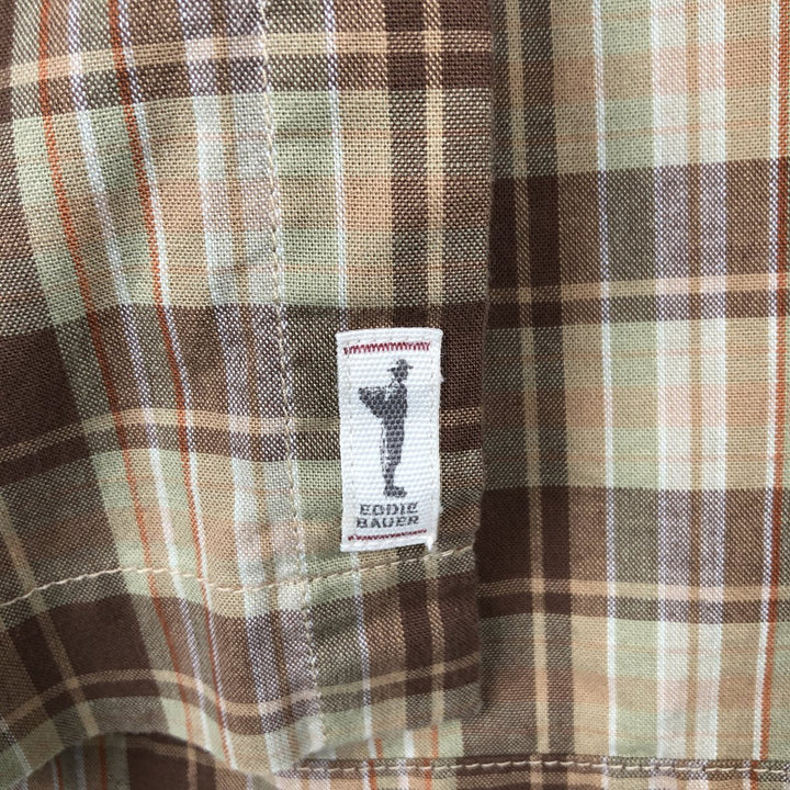 Eddie Bauer Short-Sleeve Button-Down Check Shirt, Boxy Shirt, Men's Size M (approx.) cotton brown type Vintage Second Hand