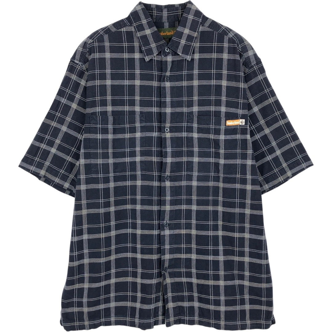 90s~00'S Timberland Short Sleeve Cotton Check Shirt Box Shirt Men's L Size Vintage cotton navy blue type Vintage Second Hand