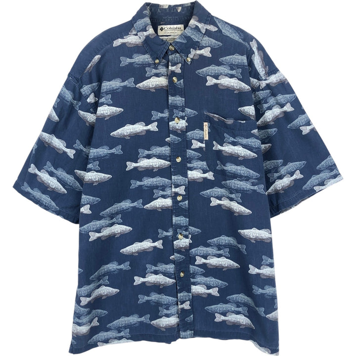 2000'S Columbia fish print short-sleeved button-down shirt, boxy style, men's size M (approx.) Viscose blue type Vintage Second Hand