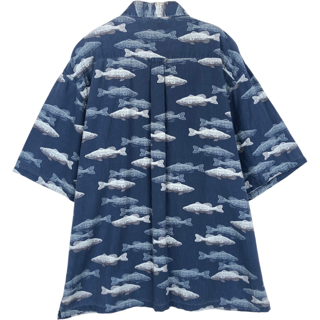 2000'S Columbia fish print short-sleeved button-down shirt, boxy style, men's size M (approx.) Viscose blue type Vintage Second Hand