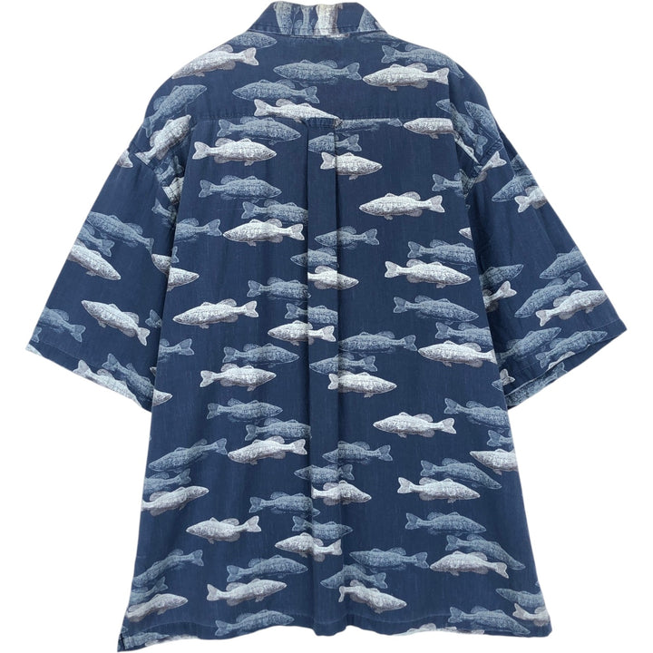 2000'S Columbia fish print short-sleeved button-down shirt, boxy style, men's size M (approx.) Viscose blue type Vintage Second Hand