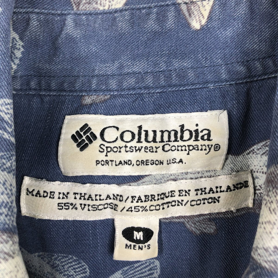 2000'S Columbia fish print short-sleeved button-down shirt, boxy style, men's size M (approx.) Viscose blue type Vintage Second Hand