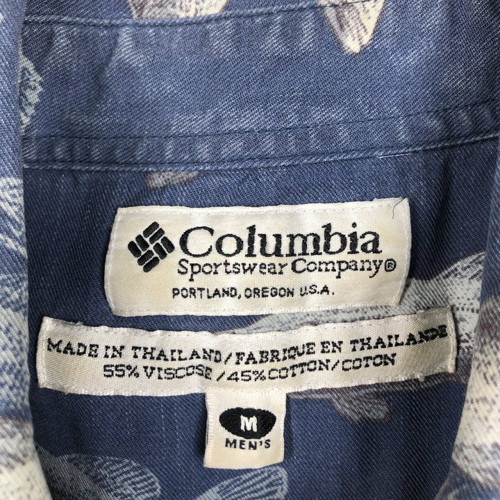 2000'S Columbia fish print short-sleeved button-down shirt, boxy style, men's size M (approx.) Viscose blue type Vintage Second Hand