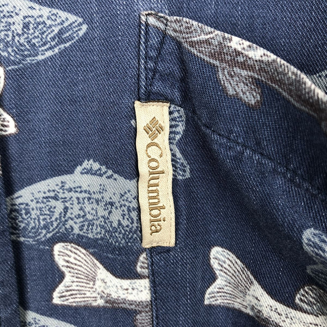 2000'S Columbia fish print short-sleeved button-down shirt, boxy style, men's size M (approx.) Viscose blue type Vintage Second Hand