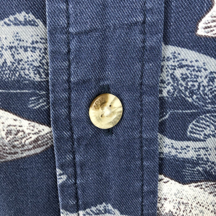 2000'S Columbia fish print short-sleeved button-down shirt, boxy style, men's size M (approx.) Viscose blue type Vintage Second Hand