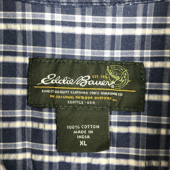 Eddie Bauer seersucker short-sleeved cotton check shirt, men's size XL. cotton blue type Vintage Second Hand