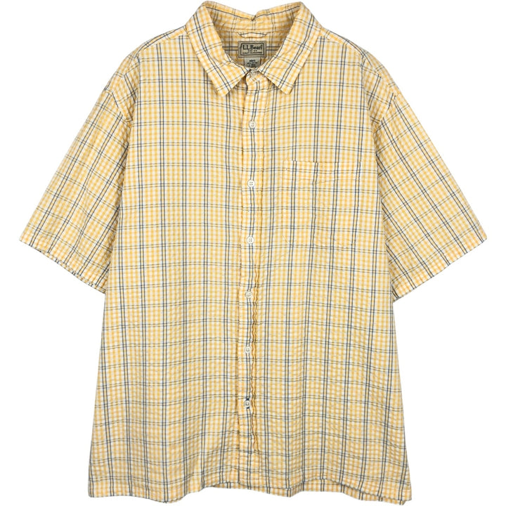 90s-00'S L.L.Bean Seersucker Short-Sleeve Cotton Check Shirt, Boxy Shirt, Men's Size L (Equivalent), Vintage cotton yellow type Vintage Second Hand