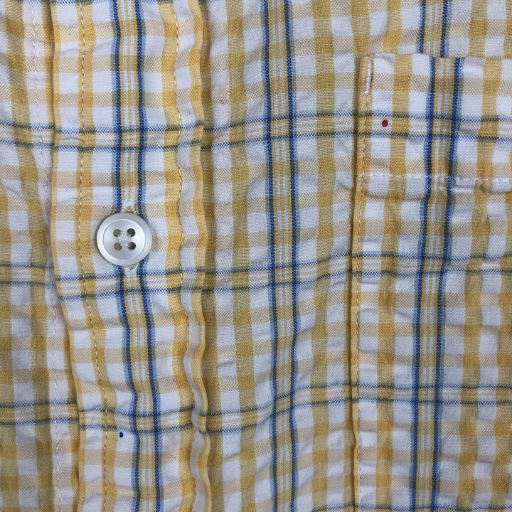 90s-00'S L.L.Bean Seersucker Short-Sleeve Cotton Check Shirt, Boxy Shirt, Men's Size L (Equivalent), Vintage cotton yellow type Vintage Second Hand