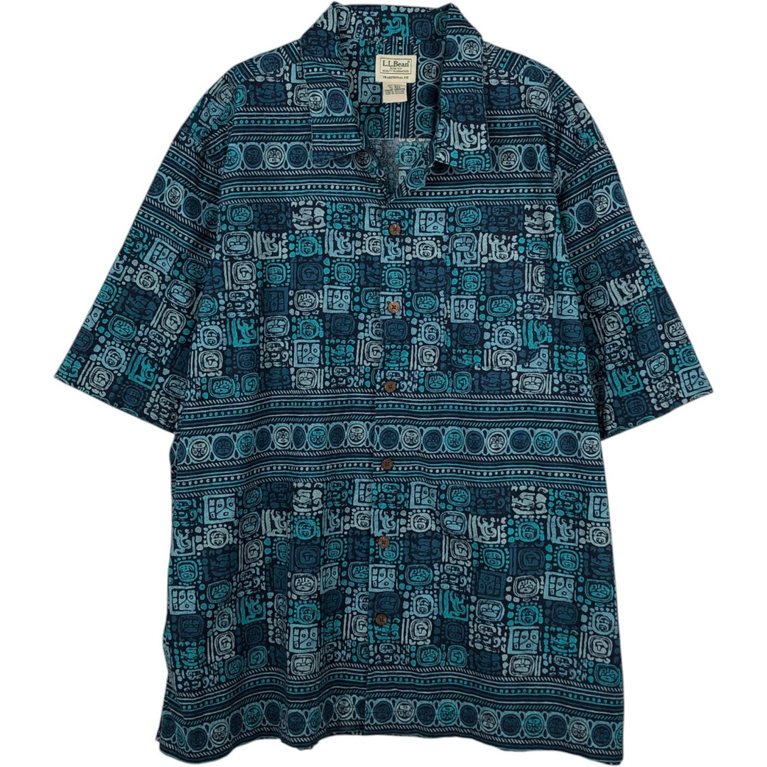 90s-00'S LLBean all-over print short-sleeved open-collar cotton box shirt, men's size XL. Vintage. cotton navy blue type Vintage Second Hand