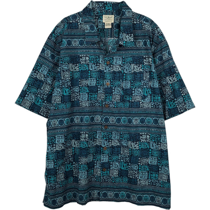 90s-00'S LLBean all-over print short-sleeved open-collar cotton box shirt, men's size XL. Vintage. cotton navy blue type Vintage Second Hand