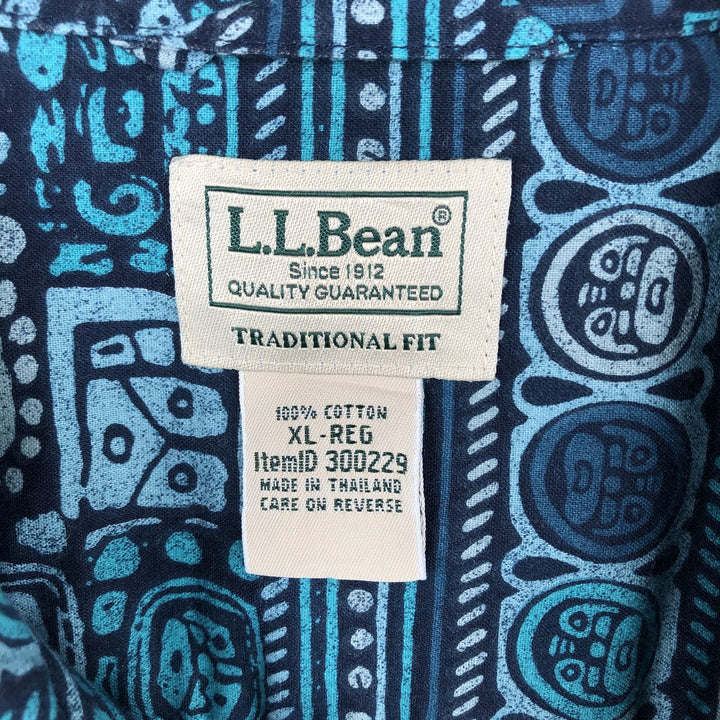 90s-00'S LLBean all-over print short-sleeved open-collar cotton box shirt, men's size XL. Vintage. cotton navy blue type Vintage Second Hand