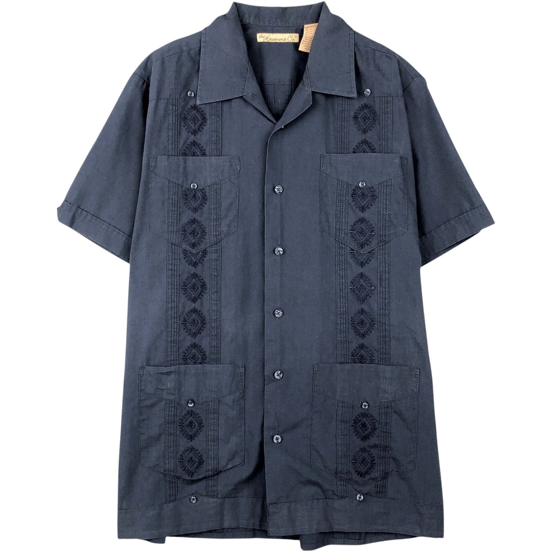 The Havanera Co. Short-Sleeve Open-Collar Mexican Shirt, Cuban Shirt, Boxy Shirt, Men's Size S polyester navy blue type Vintage Second Hand