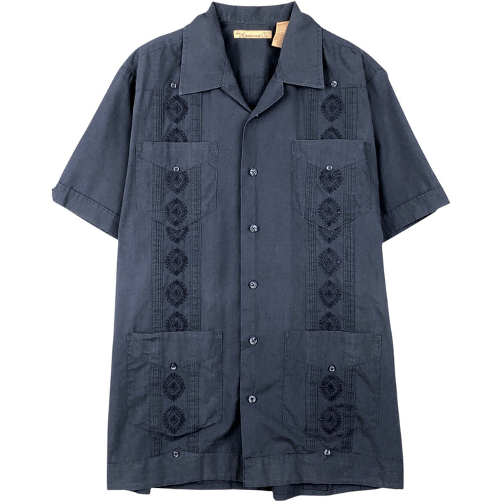 The Havanera Co. Short-Sleeve Open-Collar Mexican Shirt, Cuban Shirt, Boxy Shirt, Men's Size S polyester navy blue type Vintage Second Hand