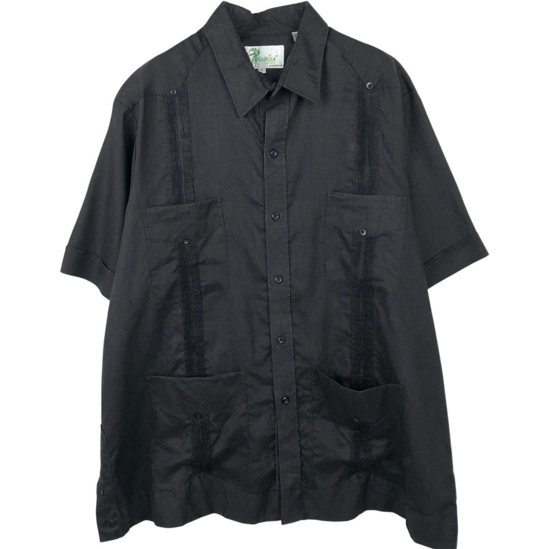 90'S PANABRISA Short-Sleeve Mexican Shirt / Cuban Shirt, Regular Collar, Men's Size XL (approx.) linen black type Vintage Second Hand