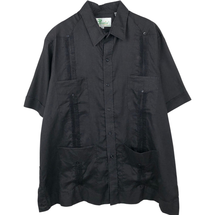 90'S PANABRISA Short-Sleeve Mexican Shirt / Cuban Shirt, Regular Collar, Men's Size XL (approx.) linen black type Vintage Second Hand