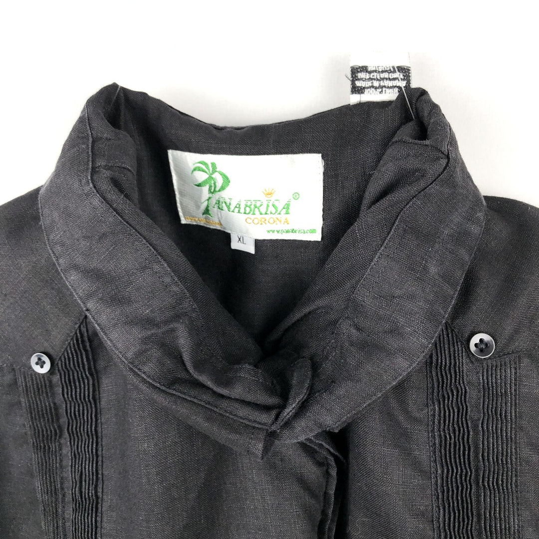90'S PANABRISA Short-Sleeve Mexican Shirt / Cuban Shirt, Regular Collar, Men's Size XL (approx.) linen black type Vintage Second Hand