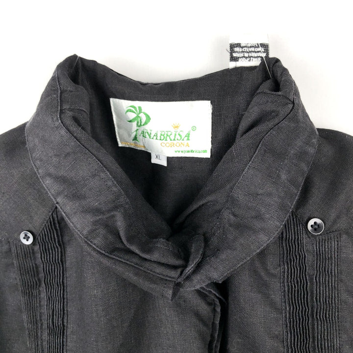 90'S PANABRISA Short-Sleeve Mexican Shirt / Cuban Shirt, Regular Collar, Men's Size XL (approx.) linen black type Vintage Second Hand