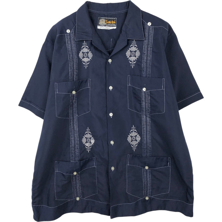 Lol-h? Short-sleeved open-collar Mexican shirt, Cuban shirt, boxy shirt, men's size XL. polyester Navy blue Vintage Second Hand