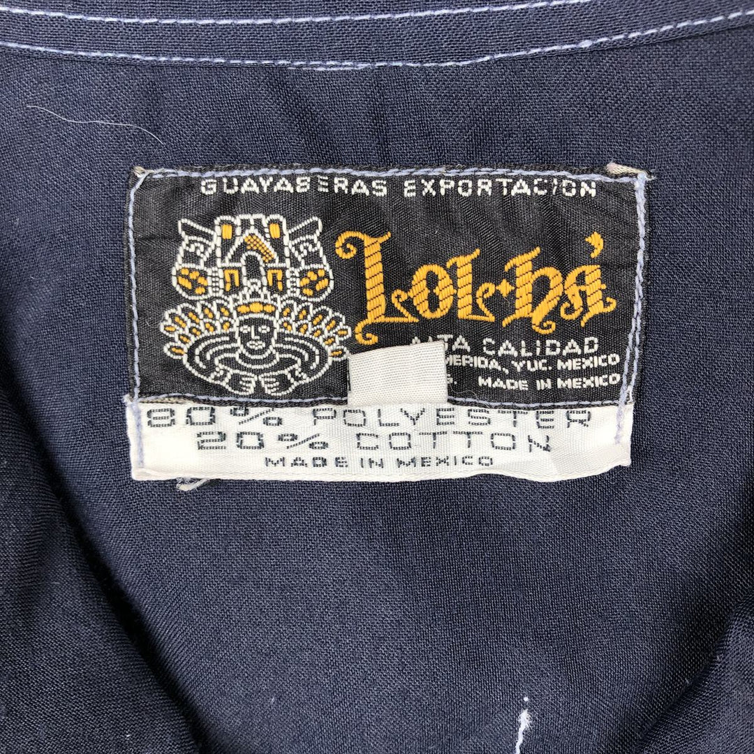 Lol-h? Short-sleeved open-collar Mexican shirt, Cuban shirt, boxy shirt, men's size XL. polyester Navy blue Vintage Second Hand