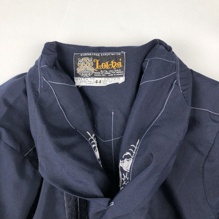 Lol-h? Short-sleeved open-collar Mexican shirt, Cuban shirt, boxy shirt, men's size XL. polyester Navy blue Vintage Second Hand