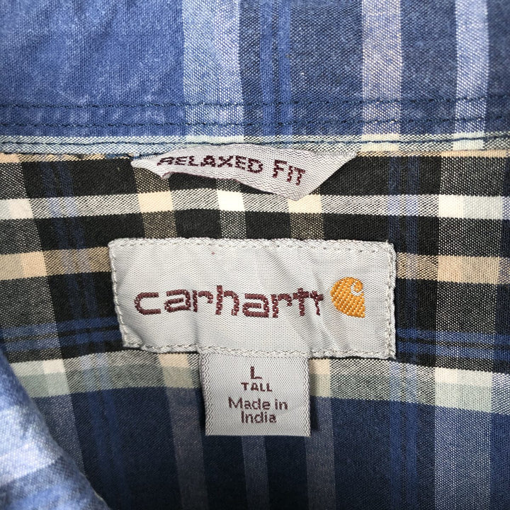 Carhartt Check Pattern Button-down Short Sleeve Work Shirt, Men's Size L cotton blue type Vintage Second Hand