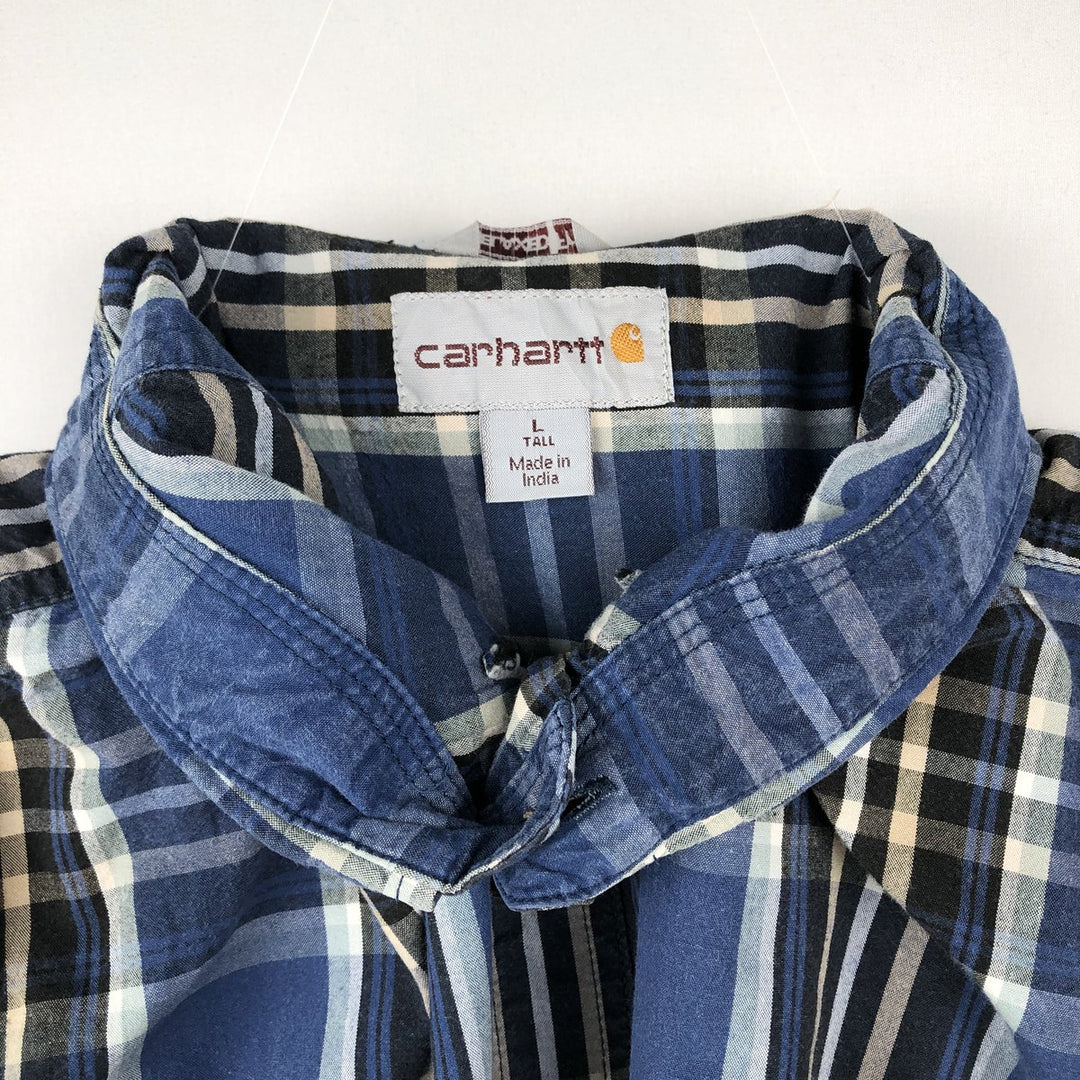 Carhartt Check Pattern Button-down Short Sleeve Work Shirt, Men's Size L cotton blue type Vintage Second Hand