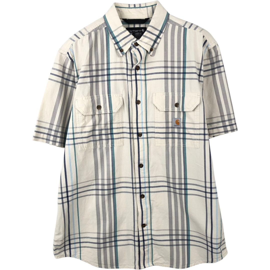 Carhartt Loose Fit Check Pattern Button-Down Short Sleeve Work Shirt, Men's Size Medium unclear ivory Vintage Second Hand